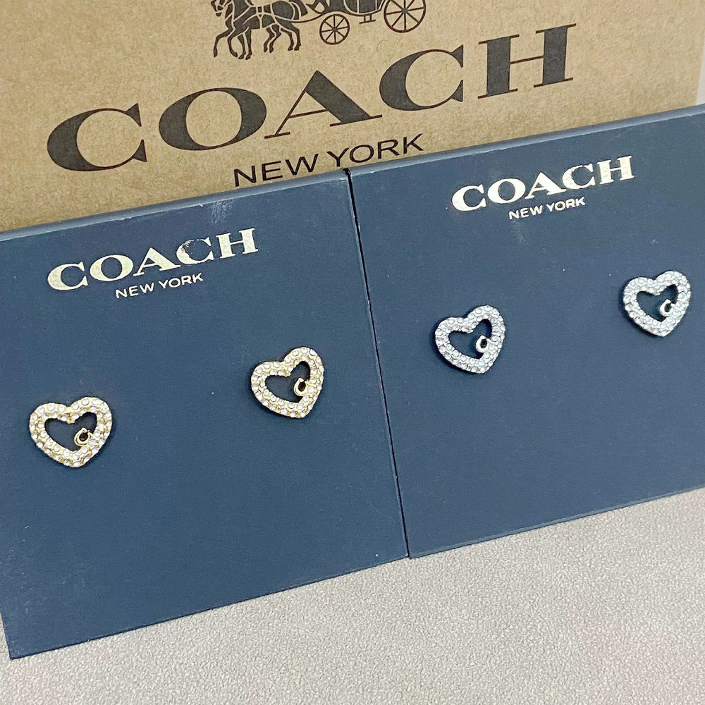 Coach KOJIA Logo Rhinestone Heart Earrings Trendy Full Diamond Studs